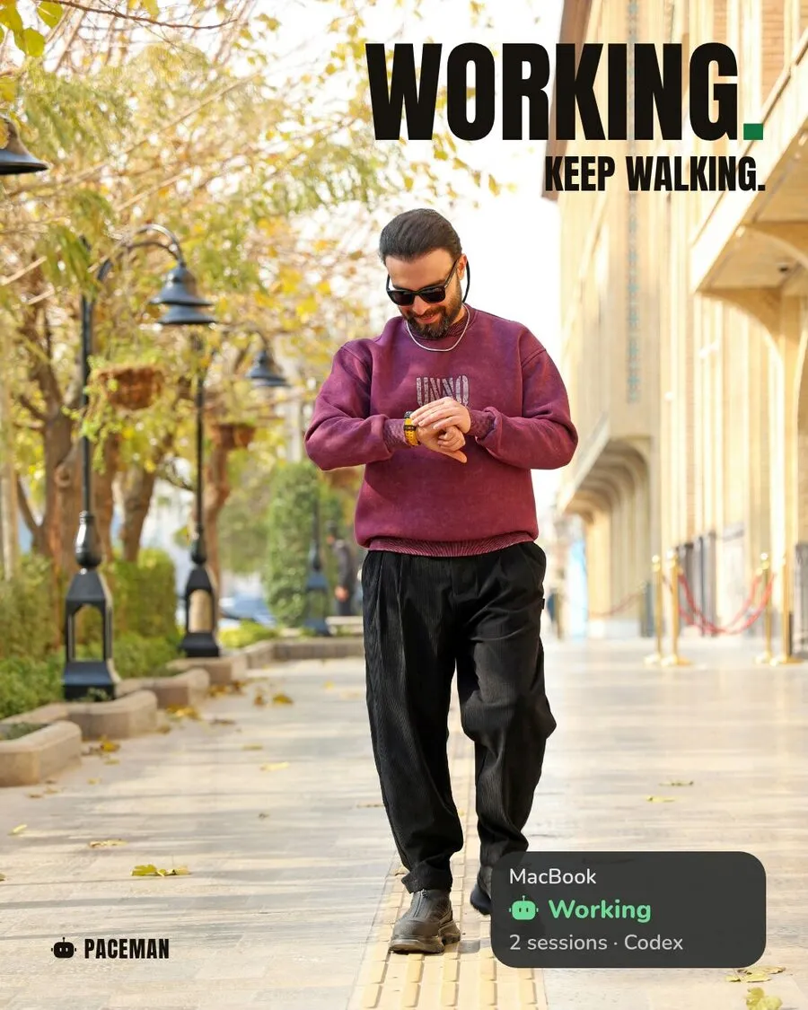 Working. Keep walking. A man checks his Apple Watch on a sunny sidewalk; a Paceman card reads Working.